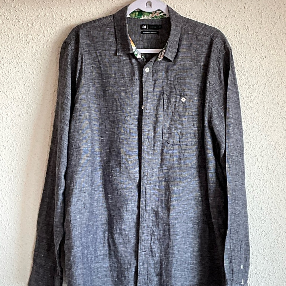 Dark grey 100% linen button down with floral trim.